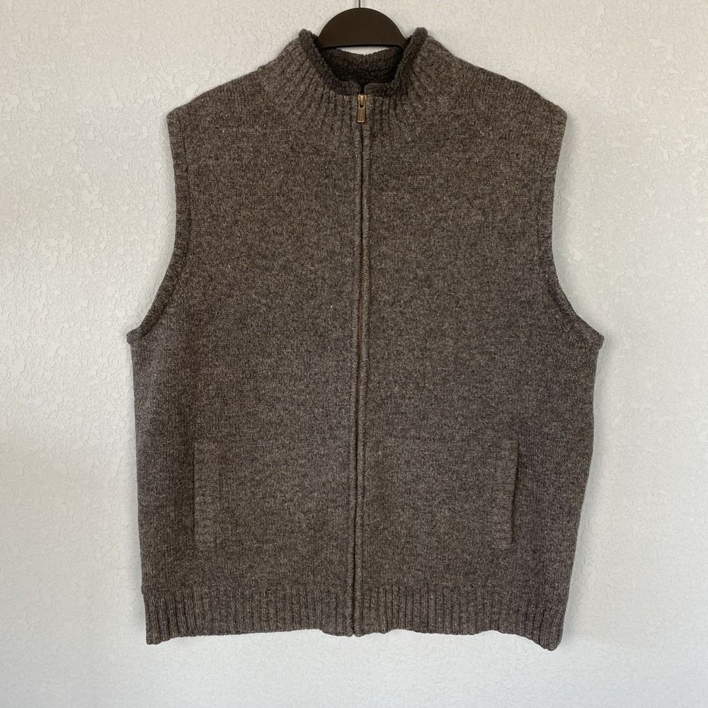 LL‎ Bean Lambs Wool Sweater Vest Mens L Full Zip Dark Gray Fleece Lined Sherpa